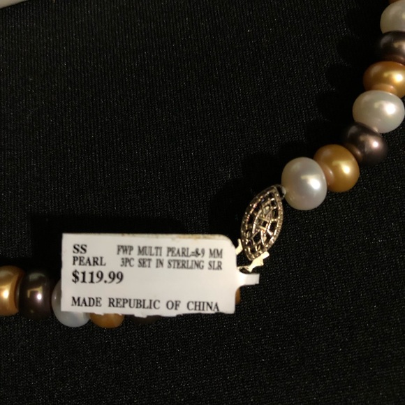 3pc Set FWP Tri Color 8-9mm Pearl Sterling Silver Earrings Bracelet & Necklace - Picture 3 of 4